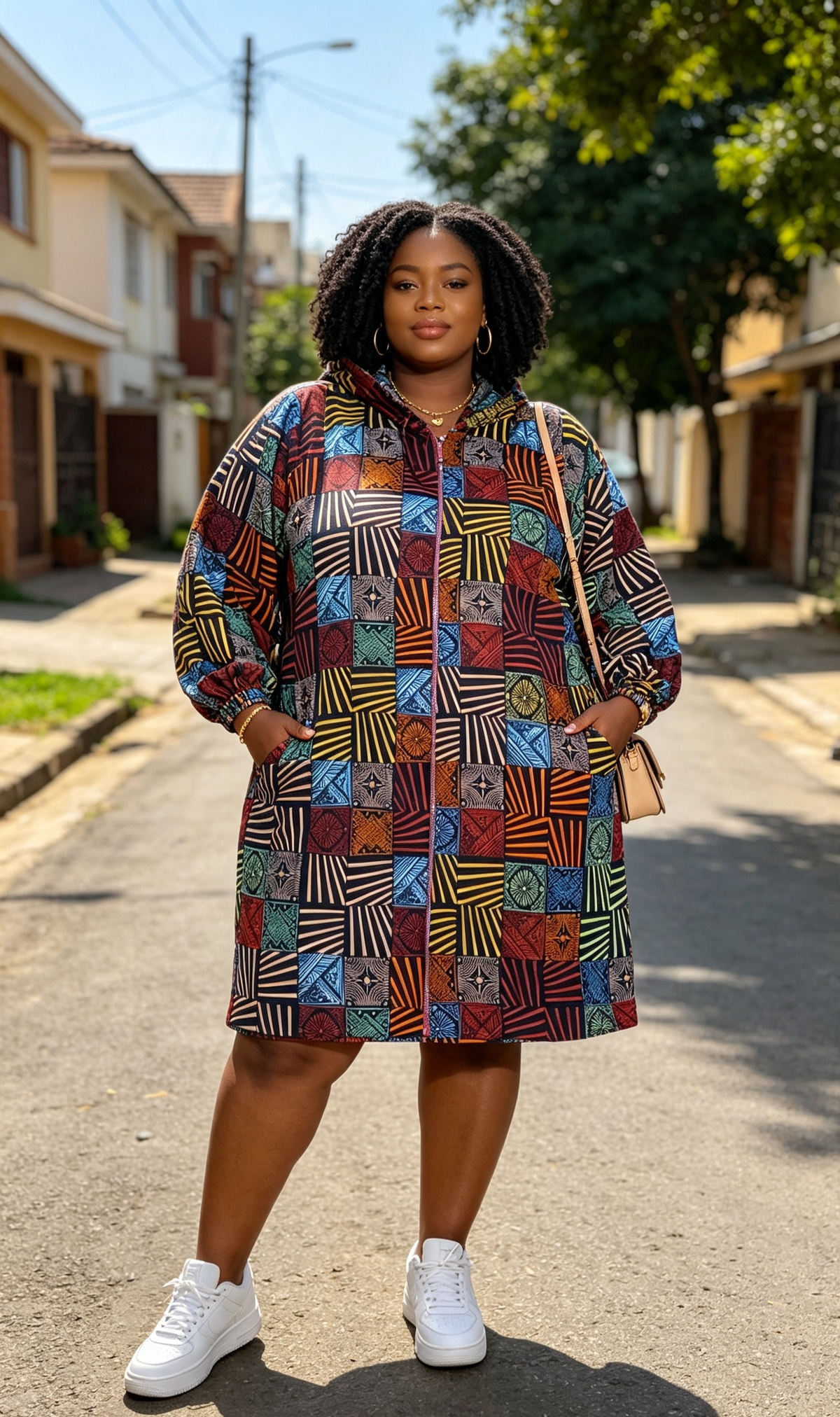 Brown Ankara Full zip knee length ankara hoodie dress (Copy)