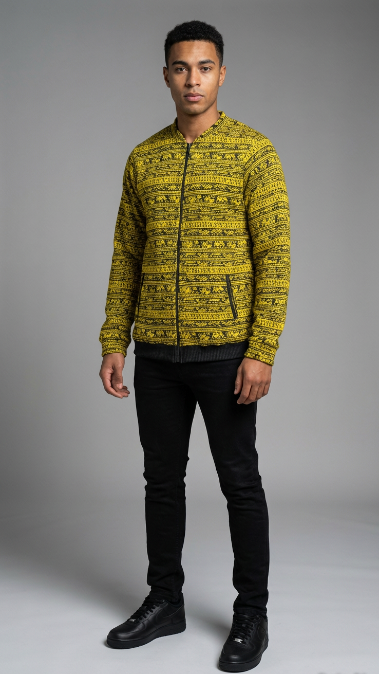 Ankara African Print Bomber Jacket | Unisex Yellow Kente-Inspired Zip-Up