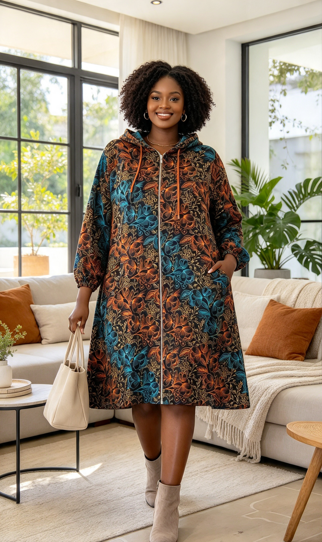Full zip knee length flower ankara hoodie dress