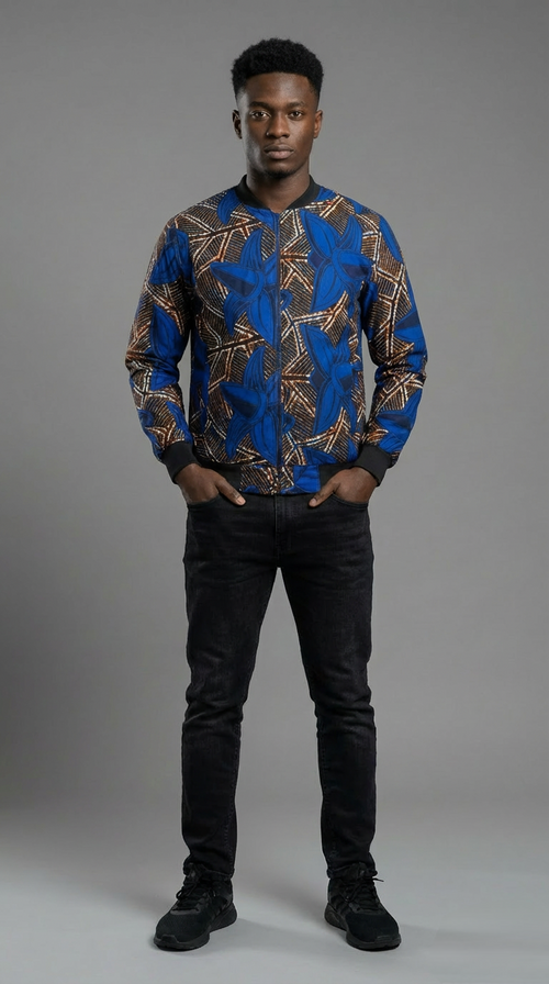 Blue Ankara Bomber Jacket