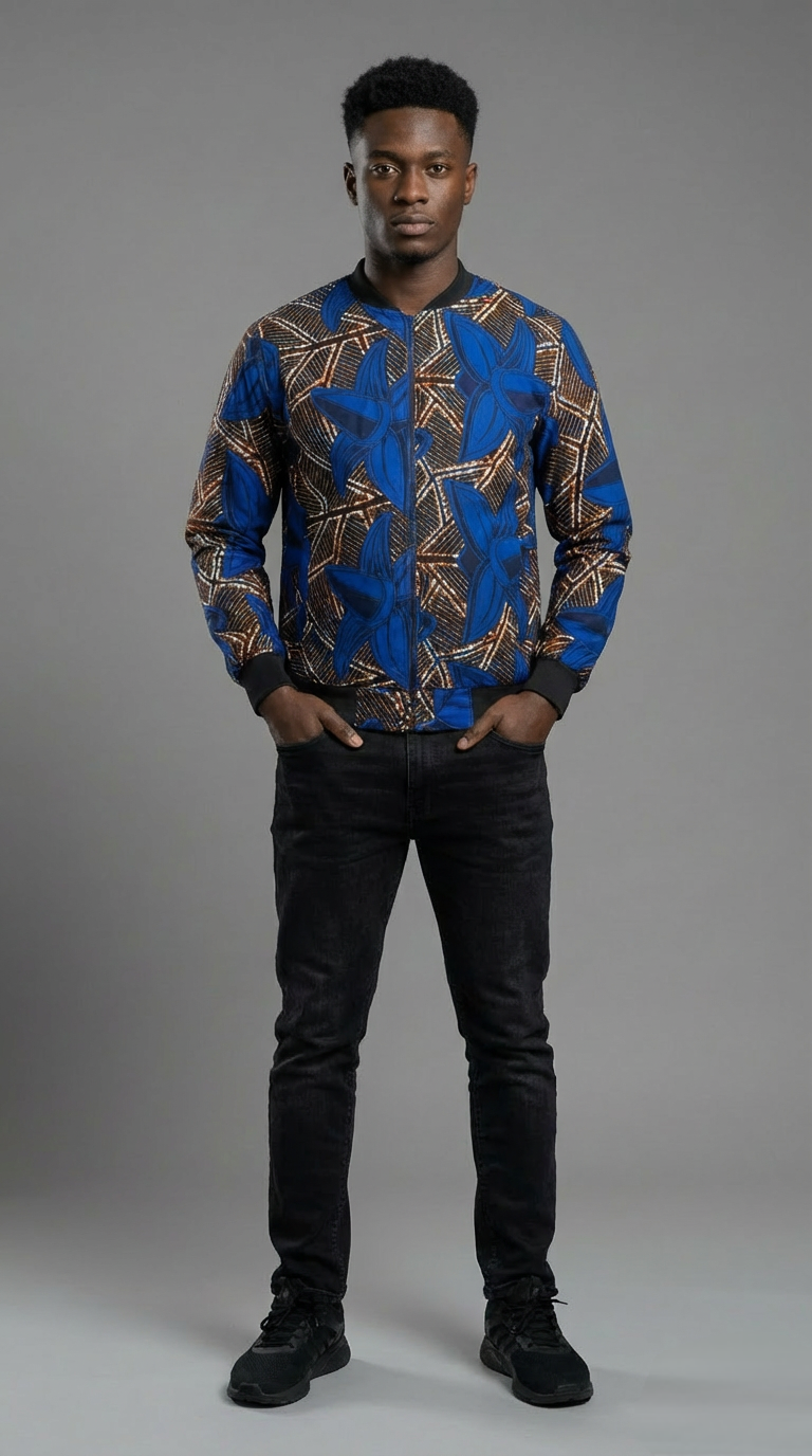 Blue Ankara Bomber Jacket