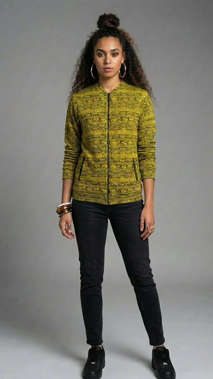 Ankara African Print Bomber Jacket | Unisex Yellow Kente-Inspired Zip-Up