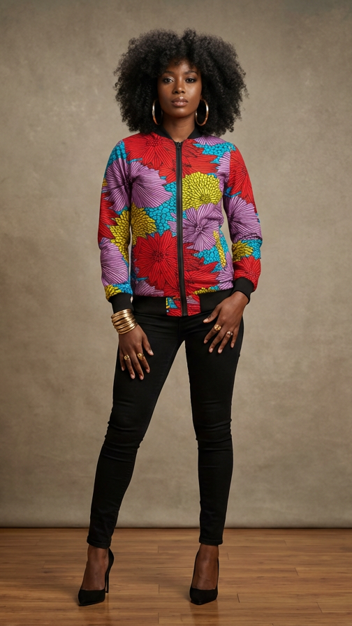 Woman wearing a colorful jacket against a plain background