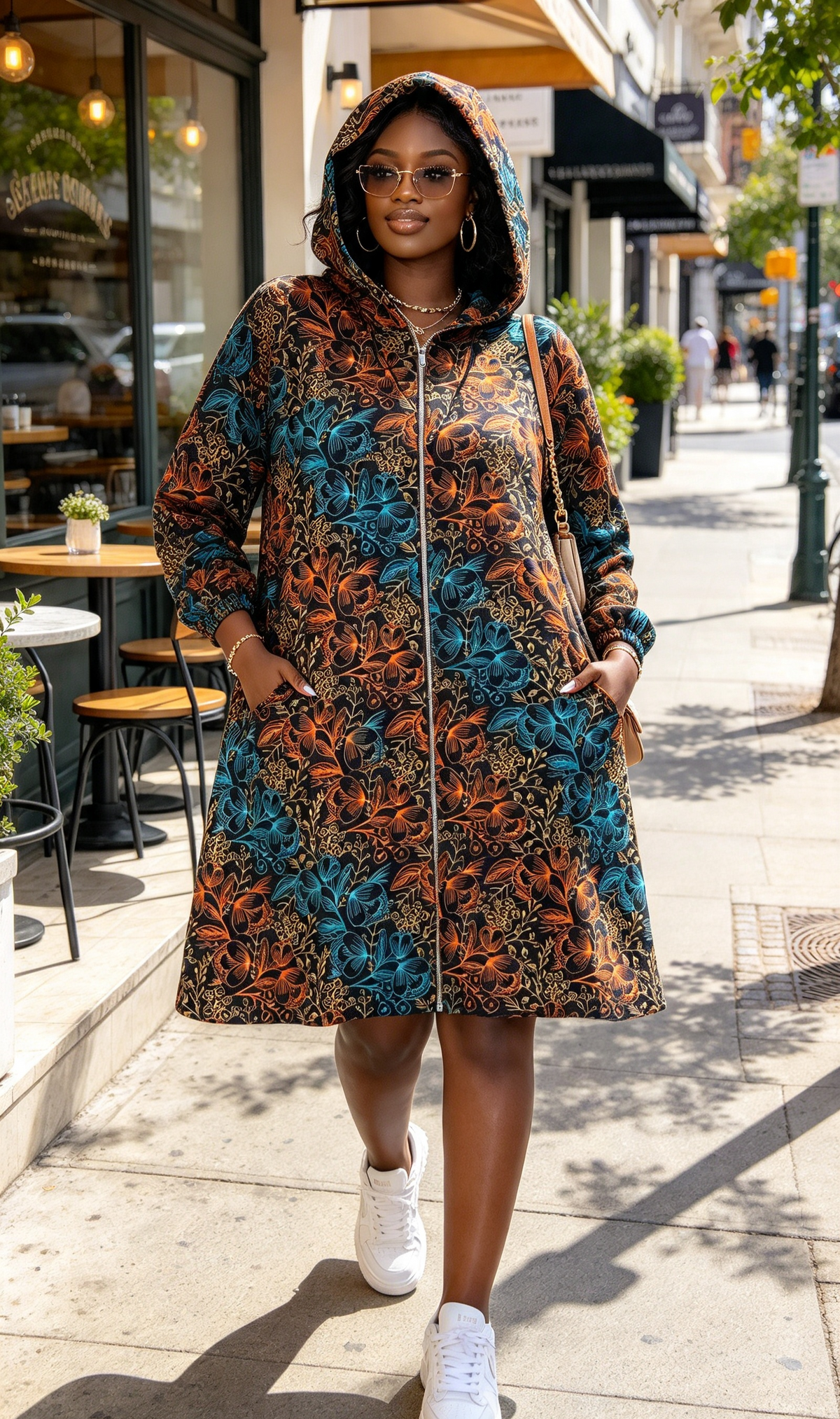 Full zip knee length flower ankara hoodie dress