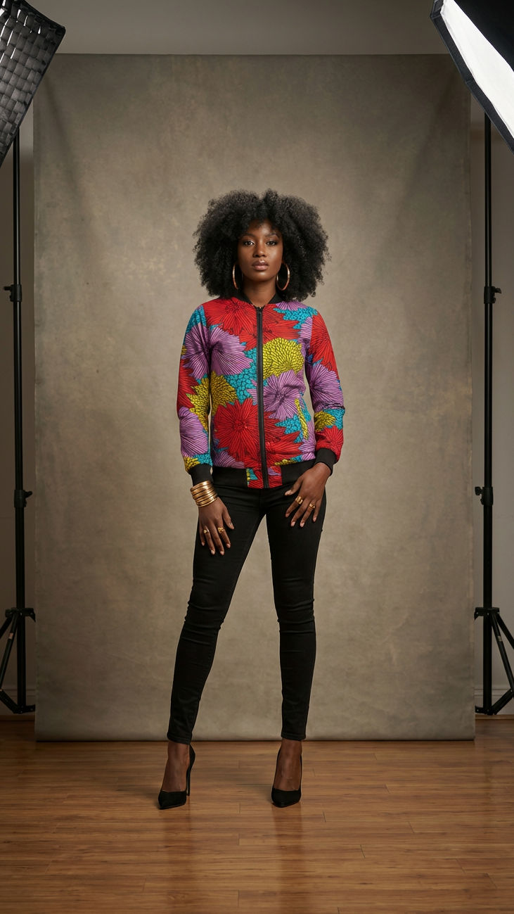 Person wearing a colorful jacket and black pants standing in a studio setting with photography equipment.
