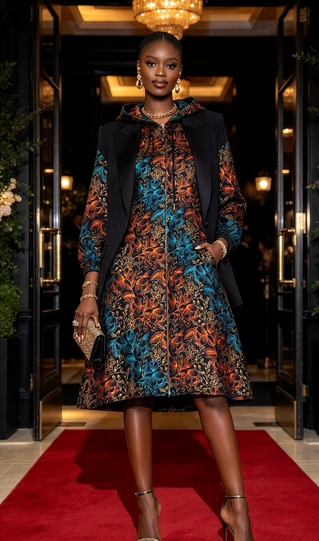 Full zip knee length flower ankara hoodie dress