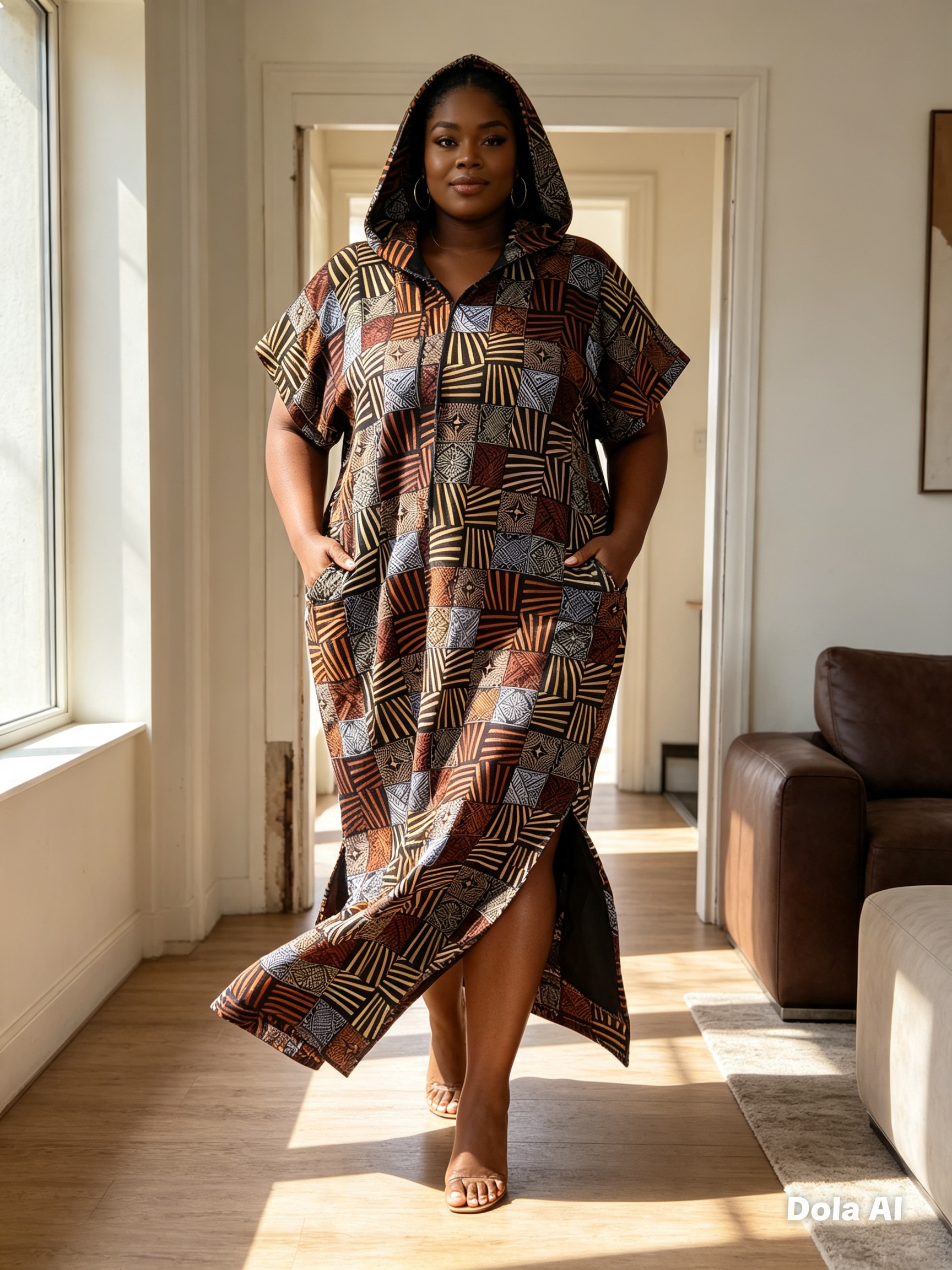 Brown Ankara Hoodie Maxi Dress