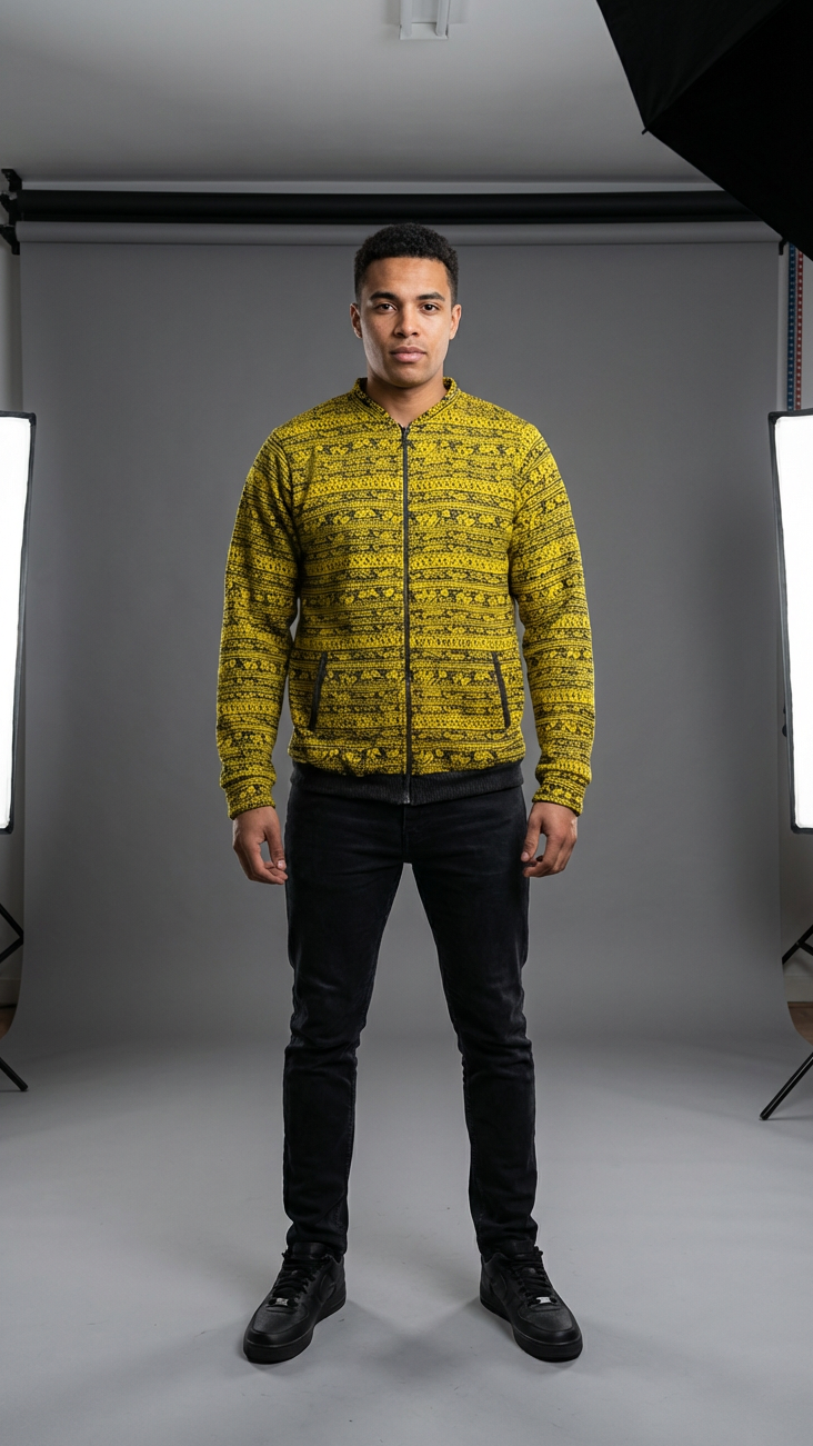 Ankara African Print Bomber Jacket | Unisex Yellow Kente-Inspired Zip-Up