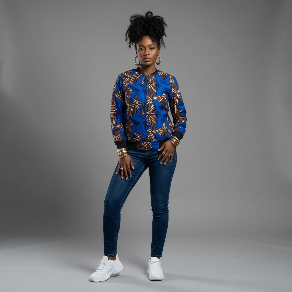 Blue Ankara Bomber Jacket
