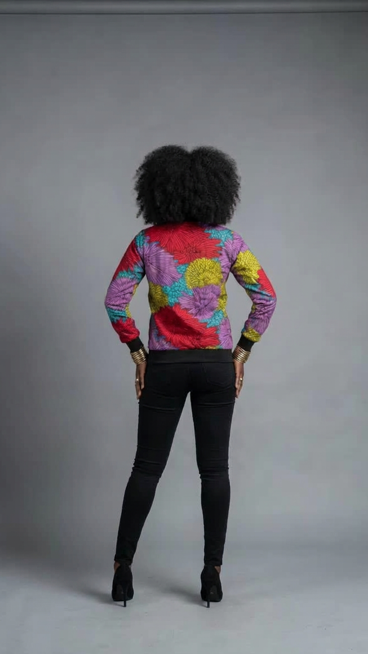 Person wearing a colorful jacket and black pants on a gray background