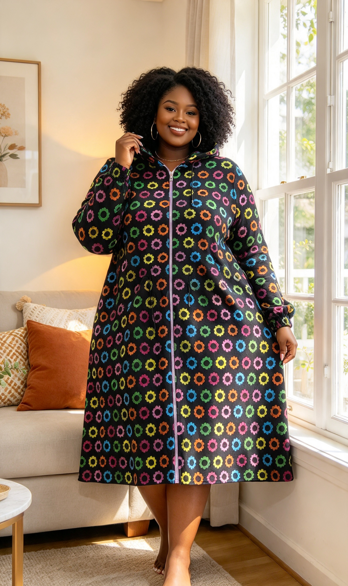 Full zip knee length multicolour ankara hoodie dress