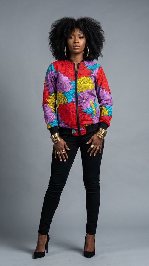 Woman wearing a colorful jacket and black pants on a gray background