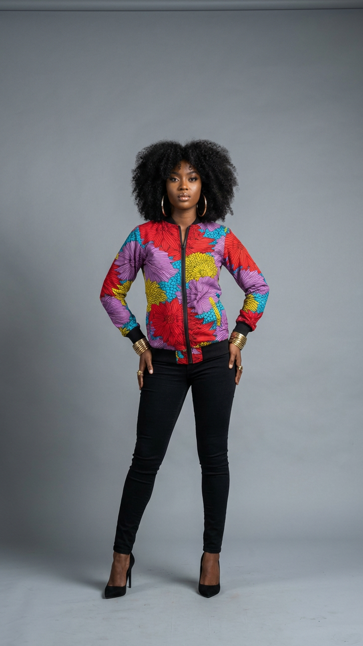 Woman wearing a colorful jacket and black pants on a gray background