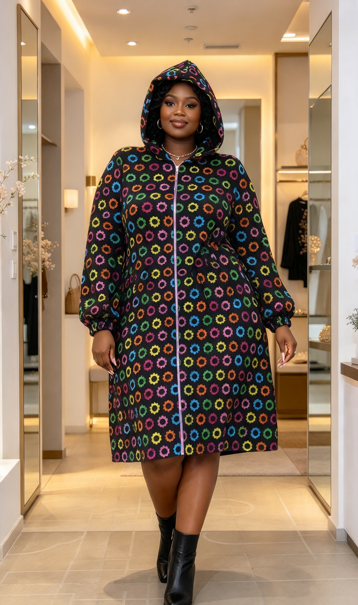 Full zip knee length multicolour ankara hoodie dress