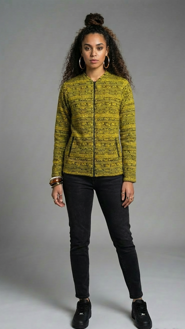 Ankara African Print Bomber Jacket | Unisex Yellow Kente-Inspired Zip-Up