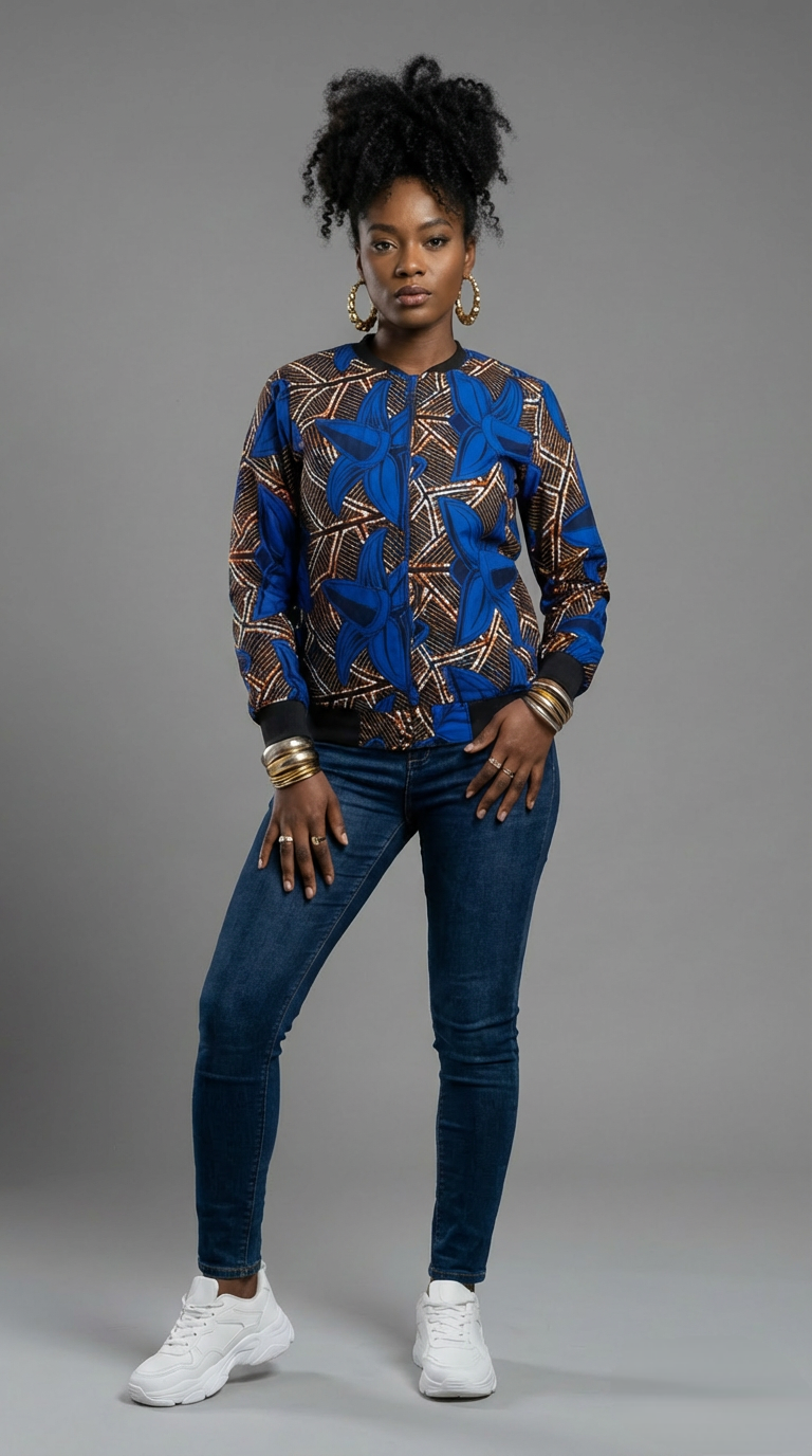 Blue Ankara Bomber Jacket